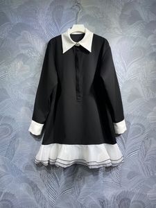 2024 Spring Contrast Color Buttons Dress Black Long Sleeve Lapel Neck Short Casual Dresses T3J041514