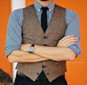 2019 Vintage Brown Wool Tweed Vests Slim Mens Suit Vests Custom Made Mens Dress Vest Rustic Farm Wedding Vest Waistcoat Men Groom 3544473