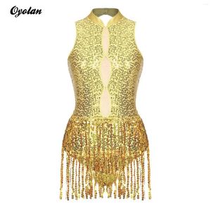 Stage Wear Womens Ginástica Macacão Ballroom Latin Dance Party Performance Traje Glitter Lantejoulas Borla Leotard Franjas Bodysuit