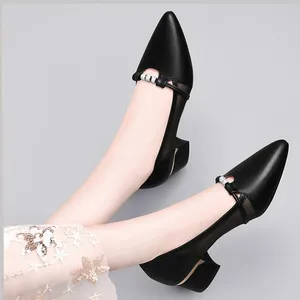 Dress Shoes With Medium Heels Black For Women 2024 Ladies Summer Footwear Green Normal Leather Casual Pointed Toe Shoe 39 E Chic Point