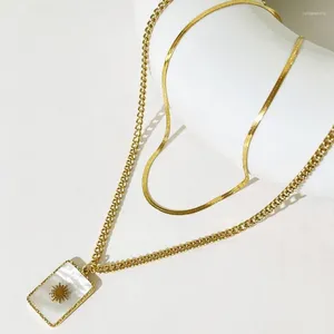 Pendant Necklaces ALLME Retro White Natural Shell Rectangle Coin Sunburst For Women 18K Gold Plated Titanium Steel Choker