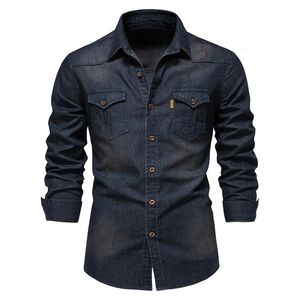 Camisa jeans masculina de alta qualidade algodão elástico primavera manga longa jaqueta jeans casual fino ajuste streetwear roupas cowboy camisas 240110