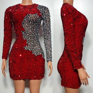Stage Wear Red Sequins Silver Rhinestones Dress Women Mesh Singer Party Dresses Gogo Dance Costumes Evening Prom Outfit XS7537