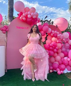 Pink High Low Prom Dresses for Birthday Sweetheart Bow Tie Strap Party Gown Ruffles Tiere Front Short Back Long Special Occasion Dress for Female