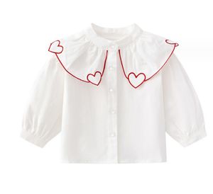 Little Girls love heart embroidery shirt toddler kids falbala lapel single breasted long sleeve princess tops 2024 spring children cotton clothes Z6643