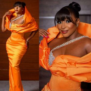 Siyah kadınlar için turuncu saten balo elbiseleri Nijerya Afrikalı Boncuklu Denizkızı Akşam Elbiseleri Zarif Doğum Günü Partisi Elbise İkinci Resepsiyon Elbiseleri Akşam Yemeği Elbise NL488