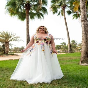 Plus storlek färgglada blommor bröllopsklänning mexica 2024 djup v hals en linje land trädgård brud klänning elegant korsett snörning upp boho bohemisk brud klänning bra gatsby novias