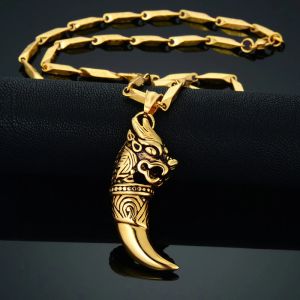 Mens Dragon Wolf Tooth Necklace Punk Golden Color 14k Yellow Gold Animal Pendant Necklace Male Cool Viking Jewelry