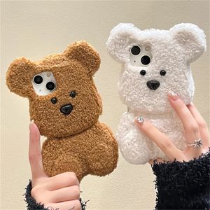 Korean Cute Cartoon 3D Teddy Bear Plush Fur Phone Case For iPhone 15 14 13 12 Pro Max 11 Funny Stylish Shockproof Soft Cover