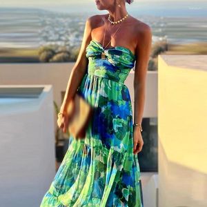 Casual Dresses Sexig Seaside Loose One Shoulder Party Dress Elegant Women rygglös veckad chic blommig tryckrör topp a-line