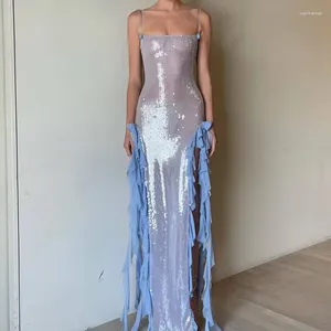 Casual Kleider OMSJ Weiß Blau Kontrast Sexy 3D Blume Pailletten Perspektive Rüschen Rand Slim Fit Luxus Frauen Charming Split lange Kleid