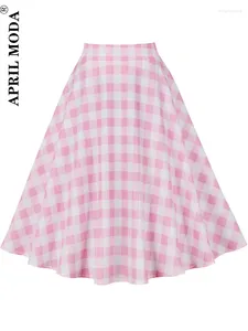 Юбки розового цвета с высокой талией, летняя взлетно-посадочная полоса, клетчатый принт, милая трапециевидная юбка в стиле пин-ап, ретро винтажная юбка в стиле рокабилли, 50-х, 60-х годов, повседневная фигуристка