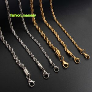 Partihandel Vattentäta män/kvinnor smycken Anpassad bulk 3/4/5mm 18K Guldpläterad rostfritt stål Twisted Rope Filled Chain Halsband