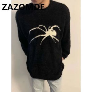 Zazomde vinter kashmir tröja män spindel mönster stickad pullover hip hop jumper harajuku gotisk gata kläder varm 240111