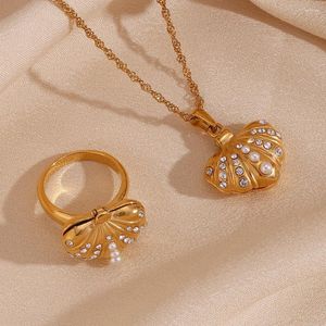 Necklace Earrings Set Openable Pearl Rhinestone Magnetic Shell Pendant Women's Ring Luxury 316L Stainless Steel 18K Gold Plated Jewelry