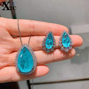Set Qxtc Wedding Jewelry Sets Paraiba Tourmaline Blue Stone Lab Diamonds Women's Pendant Necklace Earrings Party Accessories
