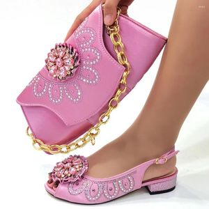 Dress Shoes Pink 3CM Med Heel Women Match Purse With Crystal Decoration African Dressing Pumps And Bag Set CR805