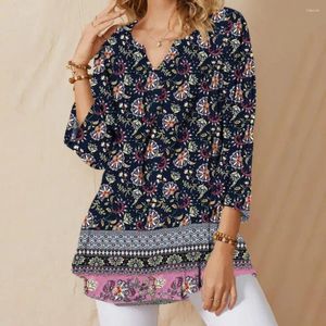 Kvinnors blusar Holiday Top V-Neck 3/4 Sleeve Pullover Blue Loose Fit Women Böhmen Floral Printed Female Clothing Camisetas