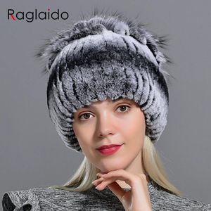 Berretti Raglaido Cappelli di Pelliccia per Le Donne di Inverno Reale Del Coniglio Del Rex Cappello di Pelliccia di Volpe di Lavoro a Maglia Femminile Caldo Berretti da Neve Delle Signore Elegante principessa Berretti Cap