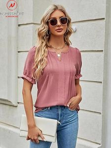 女性のTシャツファッション女性夏のソリッドカラーTシャツ収縮デザインフリル装飾Vネックパフ短袖ルーズプルオーバートップ