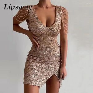 Casual Dresses Sexy Double V Neck Backless Sequins Bodycon Dress Fashion Women Slit Slim Mini Elegant Cold Shoulder Hollow Party