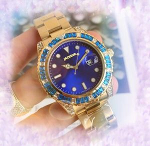 Brottspremium Mens Colorful Diamonds Ring Watch 42mm Quartz Movement Man Time Clock Full Rostfritt stål Band Sapphire Glass Big Dial Armband Armbandsur presenter