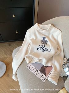 Letter Embroidered Round Neck Drawn Sweater for Women's Autumn and Winter Cashmere Casual Design Knitted Top X740 240110