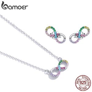 Sets Bamoer 925 Sterling Silver Rainbow Color Colorful Infinite Love Necklace and Rainbow Stud Earrings Jewelry Set for Women