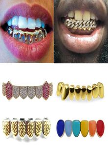 Denti in oro 18 carati Bretelle Punk Hip Hop Diamante multicolore Denti inferiori personalizzati Grillz Bocca dentale Fang Grills Tappo per denti Vampire Rapper7773637