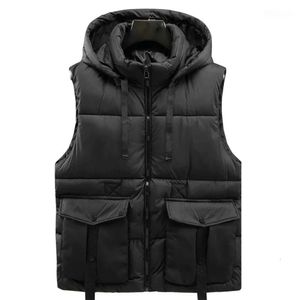 Gilet da uomo Giacca da uomo alla moda Gilet senza maniche in piumino di cotone spesso con cappuccio Gilet da lavoro maschile Caldo inverno