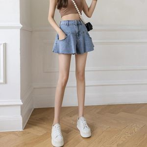 Jeans Women Summer High Waist Wide Leg Denim Shorts Pleated Ruffle Flared Hem Casual Loose Jean Short Pants Trousers Streetwear