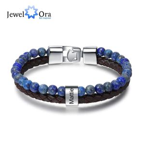 Bracelets JewelOra Stainless Steel Customized Blue Beaded Chain Bracelet Personalized Name Engraved Men Bracelets Gift for Father