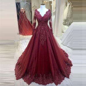 Long Sleeves Bury Elegant Evening Dresses V-neck Tulle A Line Formal Ocn Dress Lace Appliques Beaded Arabic Prom Gown ppliques rabic