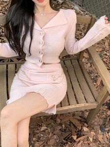 Ternos saia malhada conjuntos de mulheres coreanas manga de sino doce rasgada de malha suéter feminino de outono de saia de malha alta