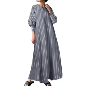 Abbigliamento etnico Abito da preghiera islamico musulmano da donna Lunghezza intera Maxi abiti in cotone Lanterna maniche lunghe Stampa a righe Gonna ampia con scollo a V