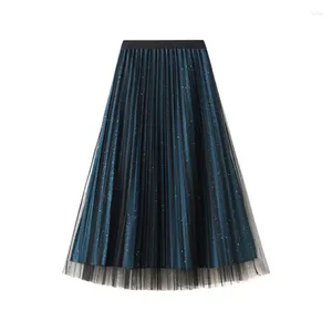 Skirts Blue Sequined Tulle Women 2024 Autumn Winter Shiny Bright Side Skirt Female Midi Long Pleated Jupe Longue