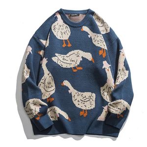 Japoński dzianin SWEATER MĘŻCZYZNA CARTOON Animal Duck Goose Print Pullover Harajuku Casual O-Neck Oversize Top Streetwear Unisex Fall 240110