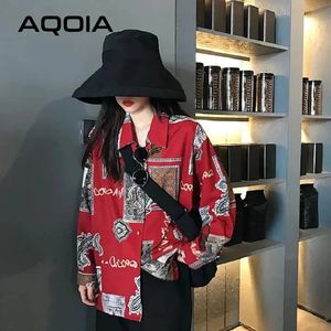 Primavera estilo de rua oversize camisa das mulheres impressão solta senhoras blusa manga longa botão vermelho até roupas femininas 240111