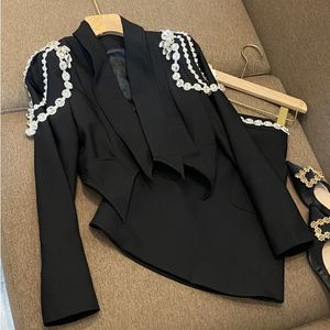 Diamante Cadeia Jaqueta Irregular OL Turn Down Collar Strass Blazer Casaco Cristal Tops Beads Pacote Saia Mulher Terno 2pcs Set 240110