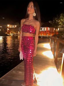 Work Dresses Sequins Two Piece Set For Women Glitter Camisole Crop Tops High Waist Maxi Mermaid Skirt Sparkle Party Culb Dress Suit Y2K