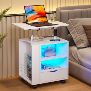 HNEBC LED Nightstand with Wireless Charging Station,Nightstand Has Adjustable Rotary Table,with One Drawer and 2 Mezzanines/Infrared Induction 3 Color Lighting