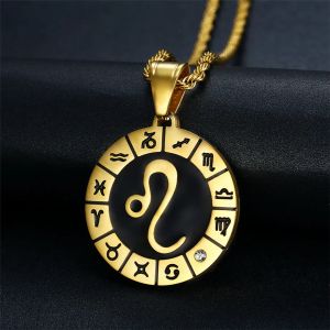 12 Zodiac Sign Constellations Pendants Necklaces For Women Men 14k Yellow Gold Golden Color Male Hip Hop Jewelry Birthday Gifts