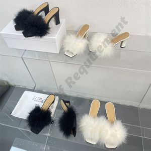 2024 Furry Square head Slippers MM6 teddy flat fluffy slipper sandals letters Paris French Sandal Flat non-slip plush women shoe Black red blue white pink with box