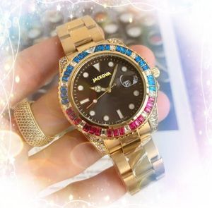 Klassisk atmosfär rostfritt stål Schweiz klockor highend mens armbandsur kvarts rörelse färgglada diamanter ring kalender mens titta relogio masculino