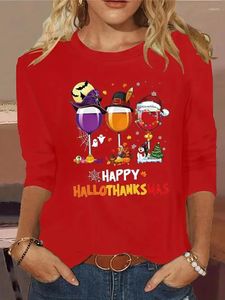 Women's T Shirts Plus Size Halloween Christmas T-shirt Funny Wine Glasses & Slogan Print Long Sleeve Round Neck