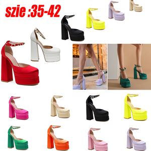 Party Sandals Block Heel Double Platform Women Sandaler Aftonklänning Hälta Sandaler Cool Woman Shoes Square Toe Silk High Heels EUR35-42