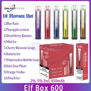 Autentisk Elf Box 600 Puff E Cigarett 10 smaker 2 ml Förfylld POD 450mAh Batteris Engångsvapspuffs 600 kit 2% 5% nivå