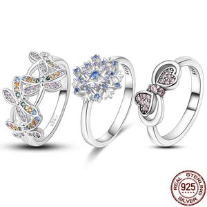 New 100% 925 Sterling Silver Fashion Colorful Dragonfly Rings Heart Shaped Snowflake Rings For Women Fine Engagement Jewelry