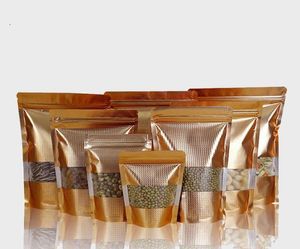 100st Gold Embassed Standing Packaging Zipper Ziplock Bag med Clear Window Resesleable Packing Mylar Golden Pouch Bags3119268