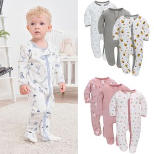 Född fotpyjamas blixtlåsflicka och pojke romper långärmad jumpsuit bomull fast vit mode 012 månader baby kläder 240110